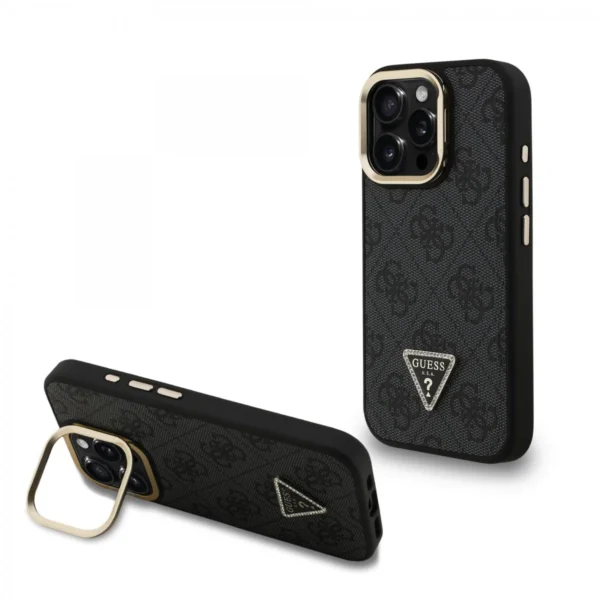 Guess PU 4G Strass Triangle Logo MagSafe-hoes met standaard – iPhone 16 Pro – Zwart