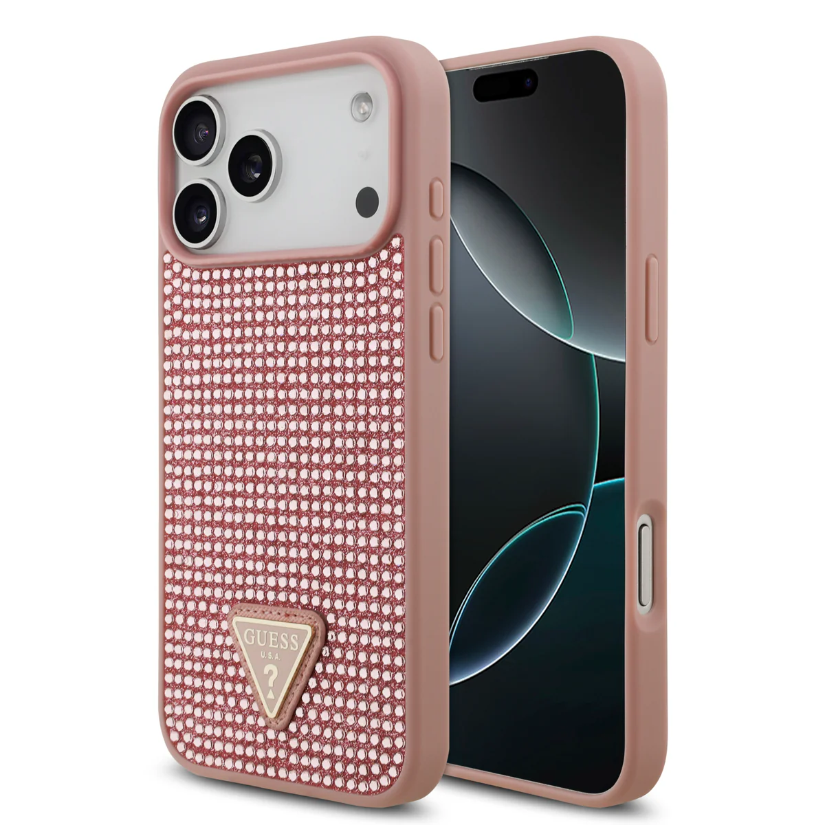 Guess Hardcase iPhone 17 Pro Max – Roze (Rhinestone Triangle Logo)