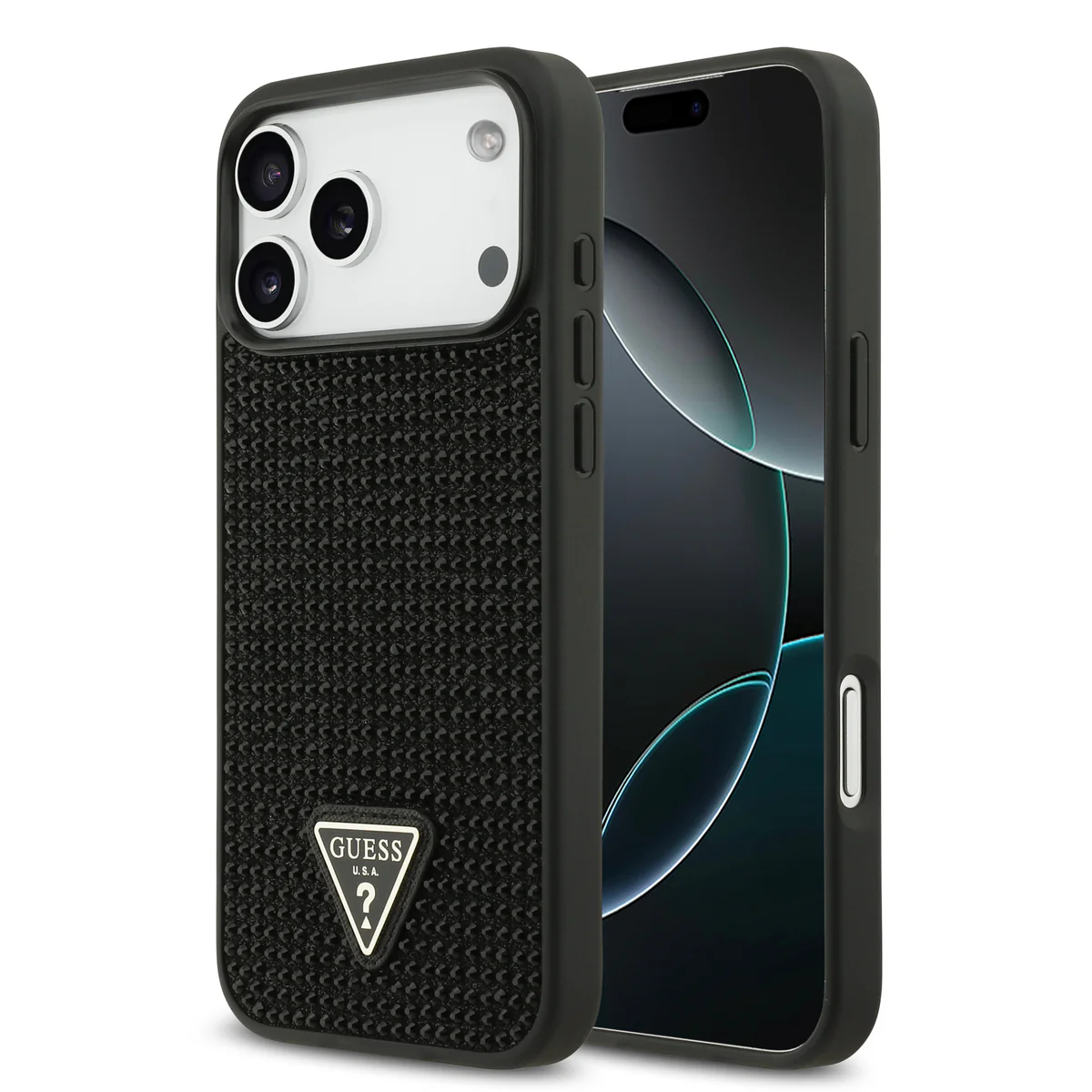 Guess Hardcase iPhone 17 Pro Max – Zwart (Rhinestone Triangle Logo)