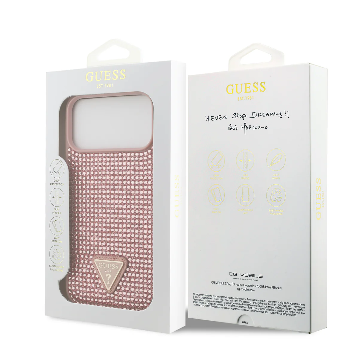 Guess Hardcase iPhone 17 Pro Max – Roze (Rhinestone Triangle Logo)