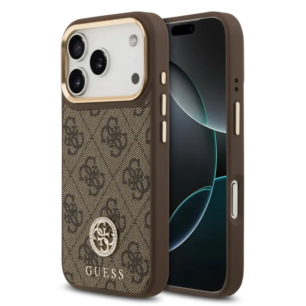 Guess MagSafe Hardcase iPhone 17 Pro Max – Bruin (4G PU Strass Logo)
