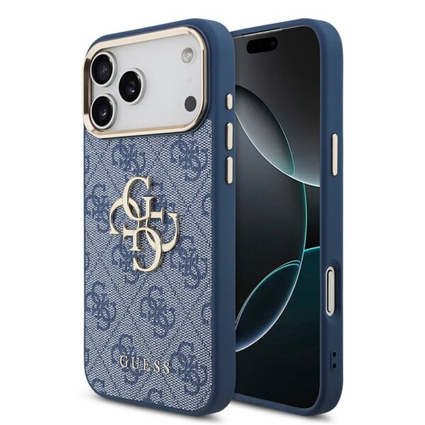 Guess Backcover iPhone 17 Pro Max – Blauw (4G Big Metal Logo, Gold Edge)